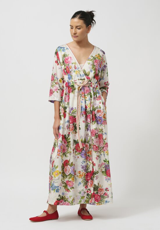 Péro Gathered Silk Wrap Dress in Cream Rose Bouquet