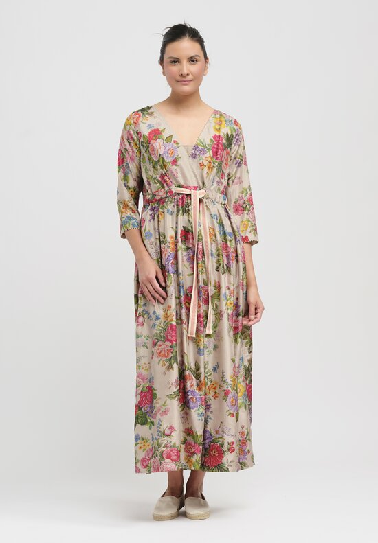 Péro Gathered Silk Wrap Dress in Natural Rose Bouquet	