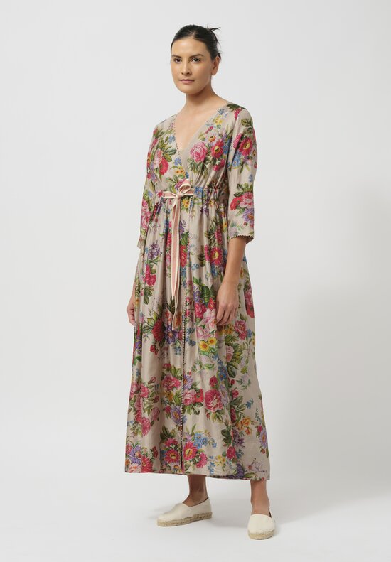 Péro Gathered Silk Wrap Dress in Natural Rose Bouquet