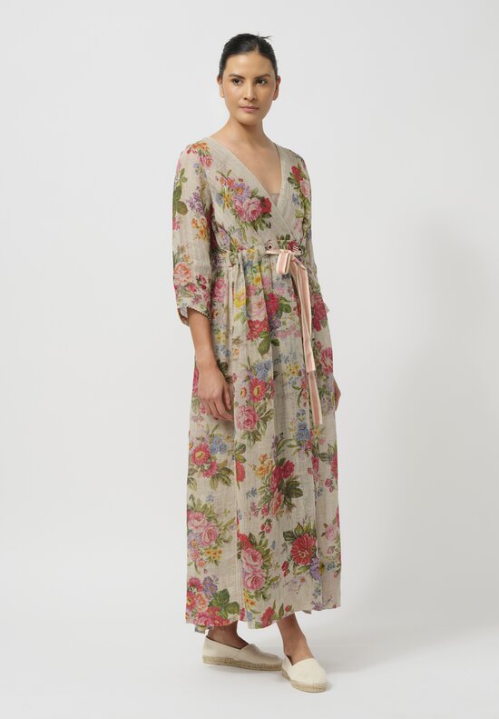 Péro Gathered Linen Wrap Dress in Rose Bouquet