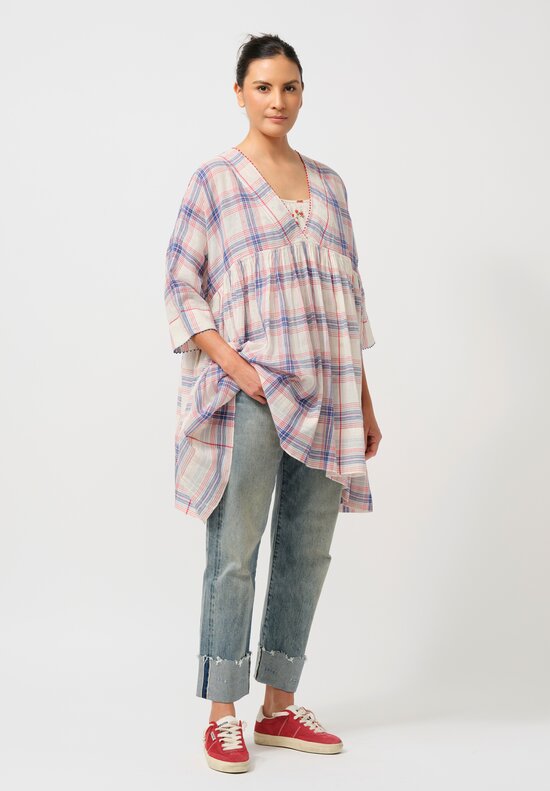 Péro Gathered Floral Cotton & Silk Tunic in Cream Madras Plaid