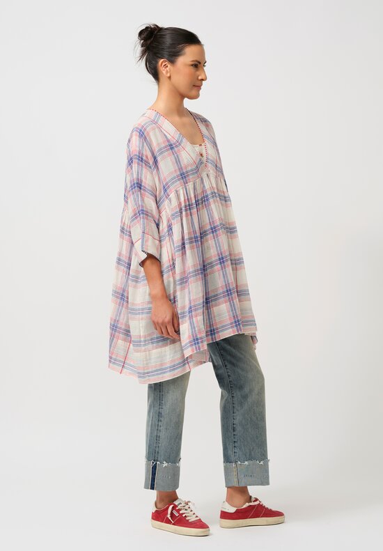 Péro Gathered Floral Cotton & Silk Tunic in Cream Madras Plaid