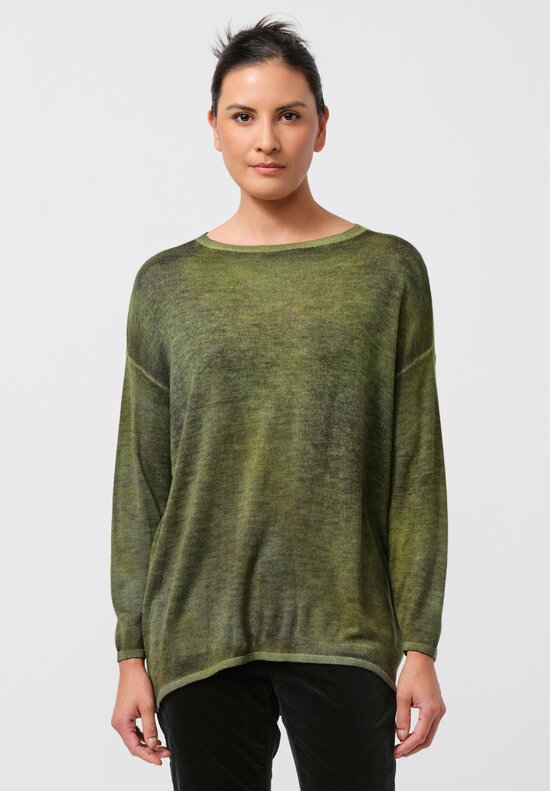 Avant Toi Hand-Painted Cashmere & Silk Crewneck Sweater in Nero Lime Green	