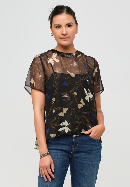 Sacai Pleated Sheer Floral Top in Black	