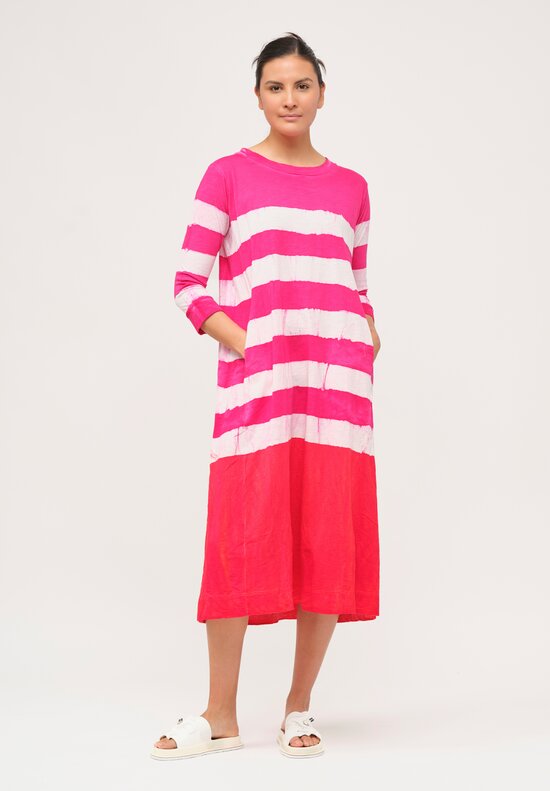 Gilda Midani Pattern-Dyed Long Sleeve Maria Dress in Fiesta Pink & White Stripes	