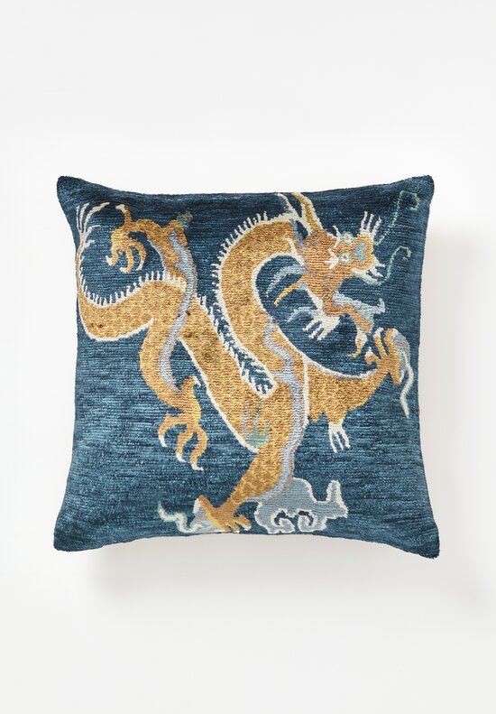 Tibet Home Bamboo Silk Hand Knotted Square Pillow in Gold & Blue Dragon Facing Right	