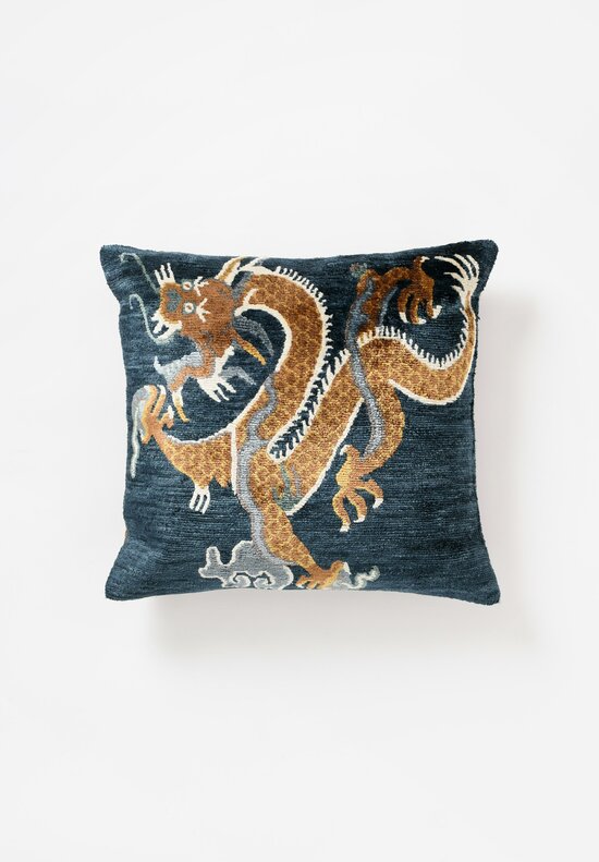 Tibet Home Bamboo Silk Hand Knotted Square Pillow in Gold & Blue Dragon Facing Left	