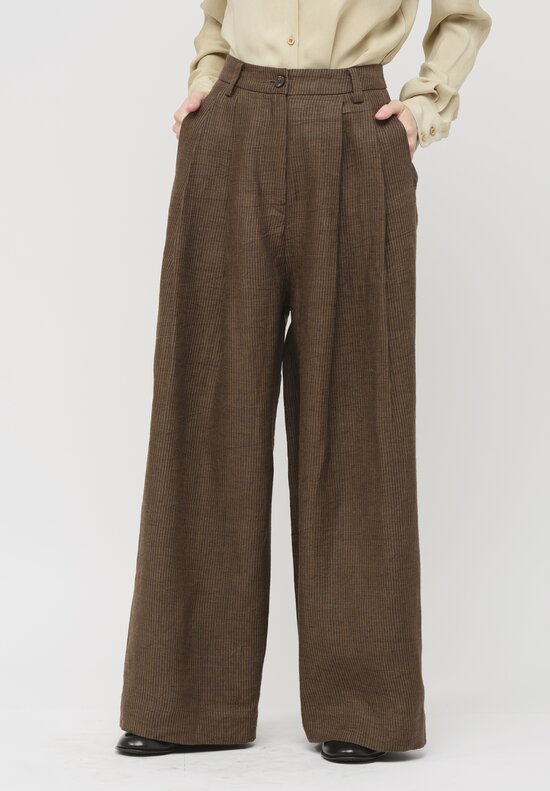 Ziggy Chen Linen Wide Tapered Trousers in Khaki Brown	