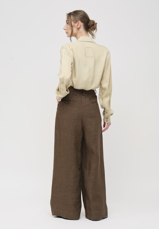 Ziggy Chen Linen Wide Tapered Trousers in Khaki Brown	