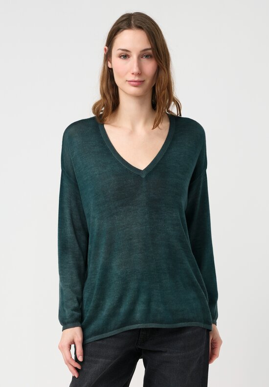 Avant Toi Cashmere & Silk Hand-Painted Maglia V-Neck Sweater in Nero & Provence Green