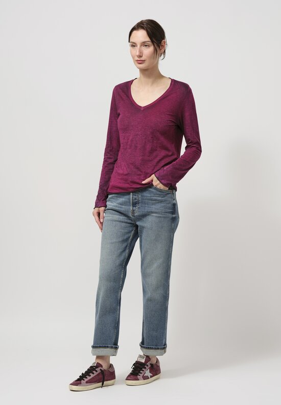 Avant Toi Hand-Painted Cotton V-Neck Long Sleeve Shirt in Nero Clematis Purple