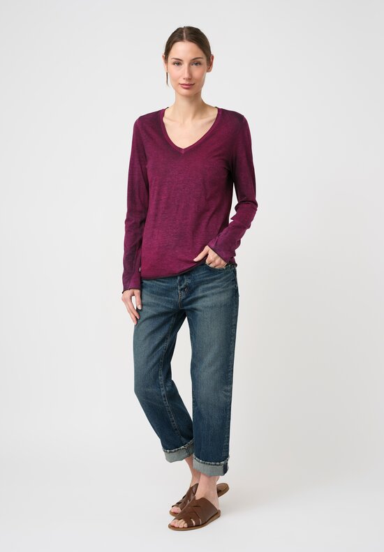 Avant Toi Hand-Painted Cotton V-Neck Long Sleeve Shirt in Nero Clematis Purple