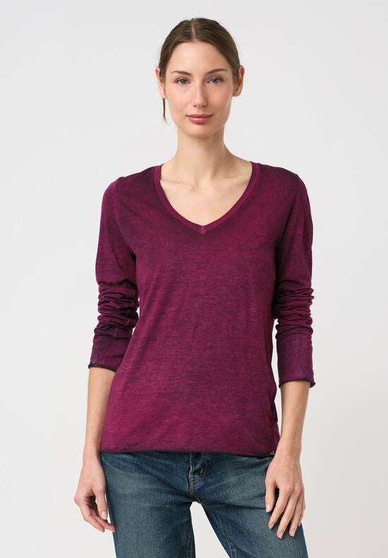 Avant Toi Hand-Painted Cotton V-Neck Long Sleeve Shirt in Nero Clematis Purple