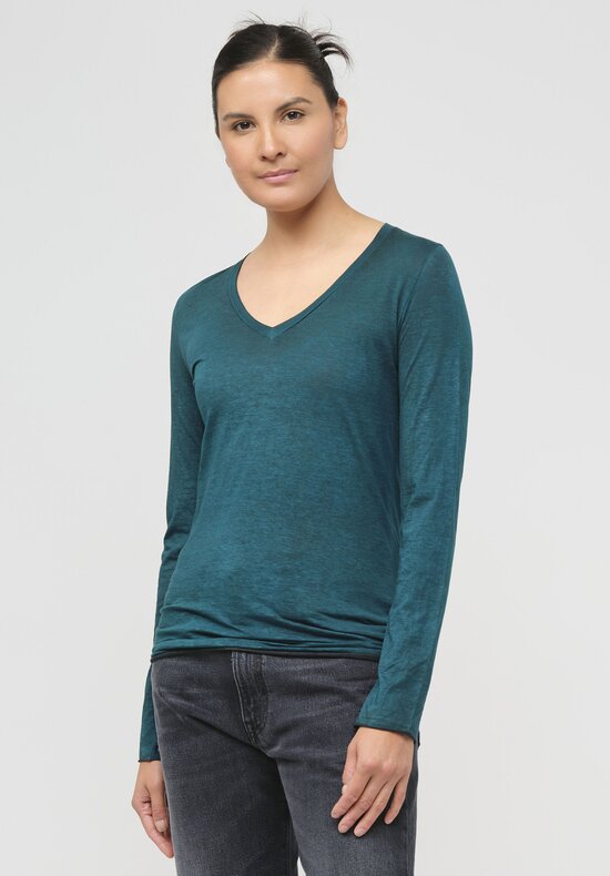 Avant Toi Hand-Painted Cotton V-Neck Long Sleeve T-Shirt in Nero Provence Green	