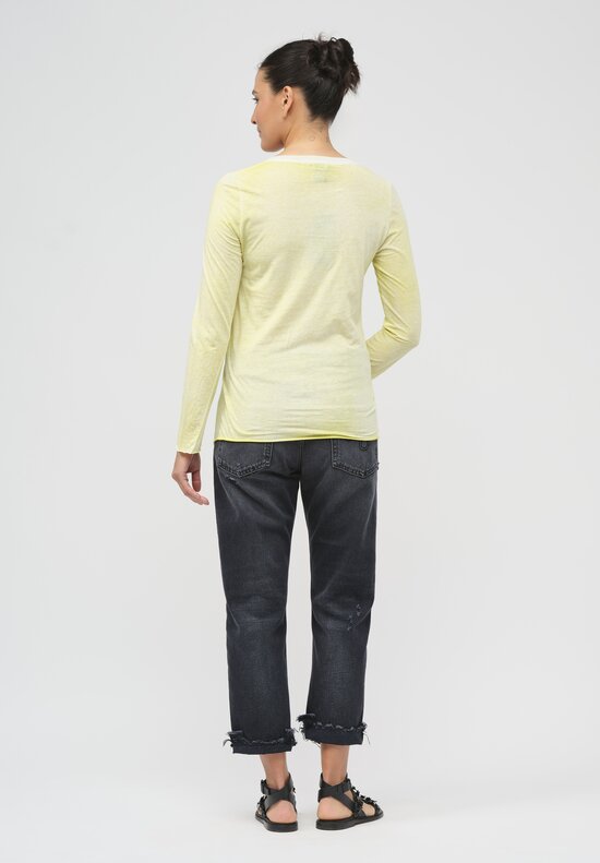Avant Toi Hand-Painted Cotton V-Neck Long Sleeve T-Shirt in Light Lime Yellow	