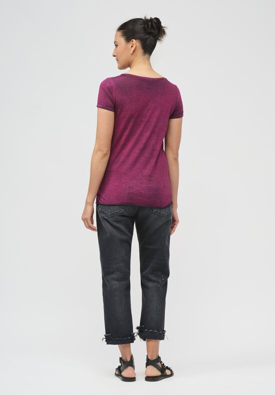 Avant Toi Hand-Painted Cotton Round-Neck Short Sleeve T-Shirt in Nero Clematis Purple	