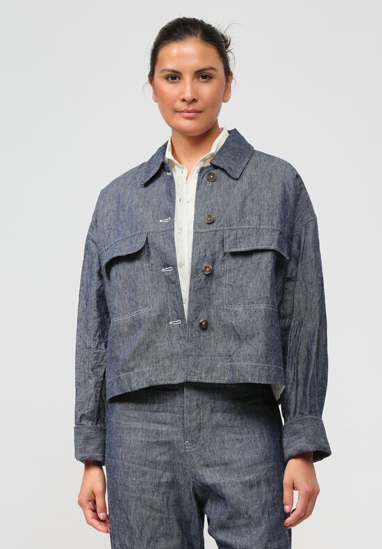 Forme d'Expression Woven Ramie & Linen Oversized Trucker Jacket in Denim