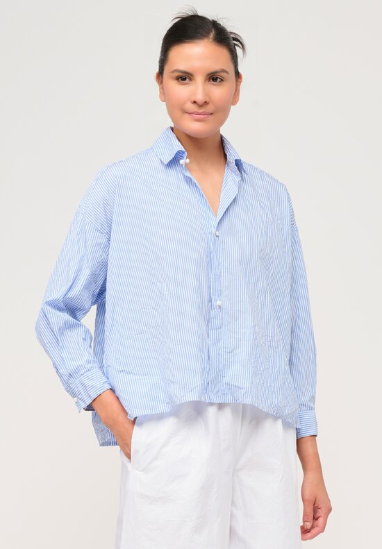 Daniela Gregis Washed Cotton Cropped Uomo Larga Shirt in White & Light Blue Stripe	