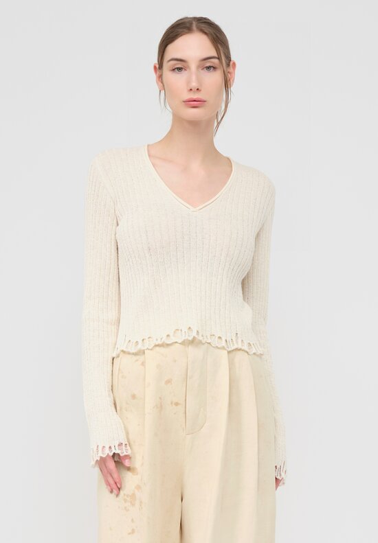 Uma Wang Cotton V-Neck Frayed Crop Top in Off White	