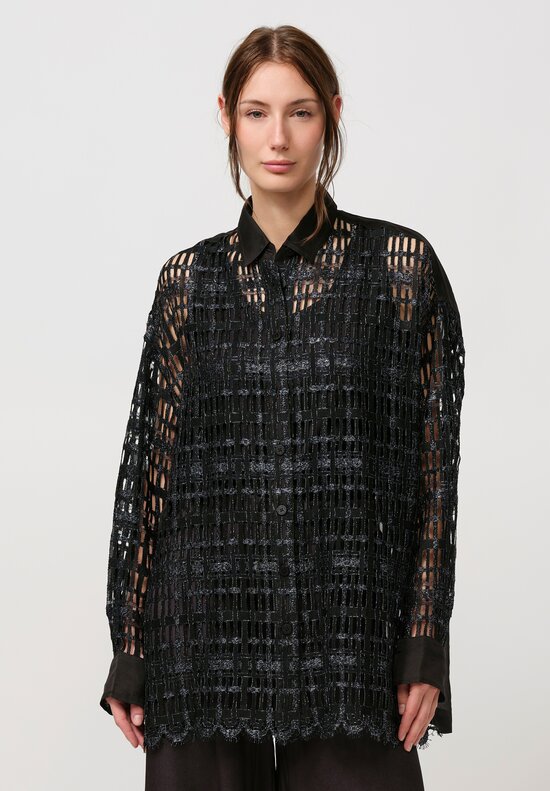 Biyan Geometric Lace Organza Shirt in Black	