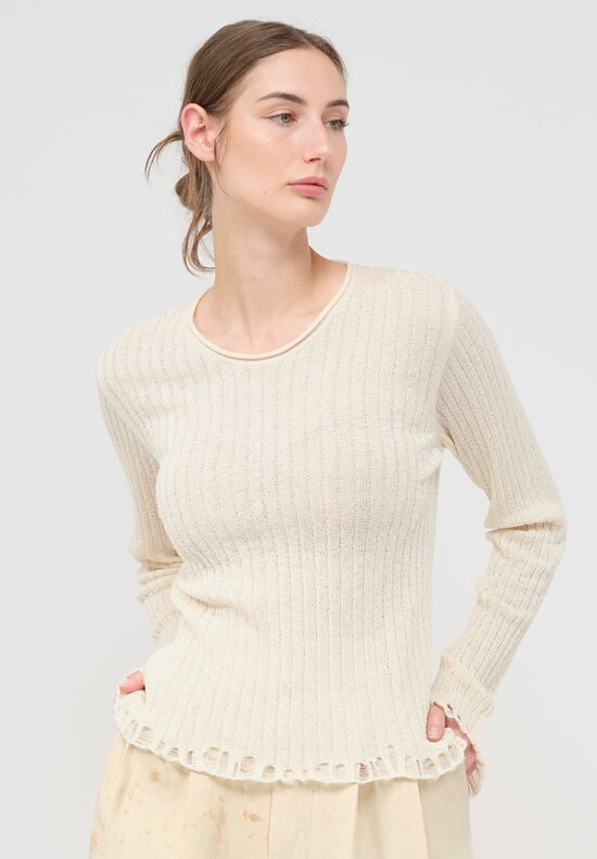 Uma Wang Cotton Round Neck Frayed Sweater in Off White	
