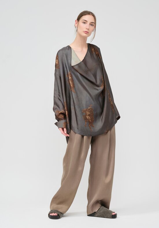 Uma Wang Pleated V Neck Thea Top in Blue Brown	
