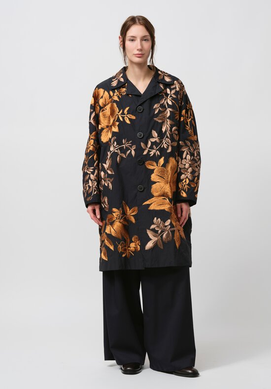 Biyan Leaf Embroidered Oversize Coat in Dark Navy	