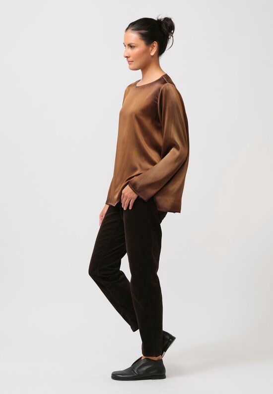 Avant Toi Hand-Painted Silk Lunga Barchetta Top in Nero Sughero Brown	