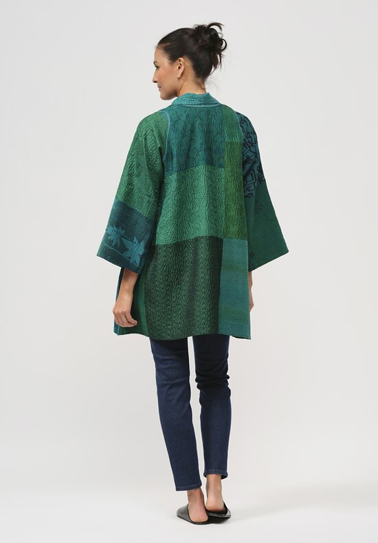 Mieko Mintz Silk Jacquard Kantha Jacket in Green & Teal Blue	