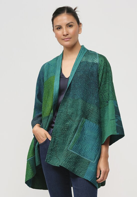 Mieko Mintz Silk Jacquard Kantha Jacket in Green & Teal Blue	