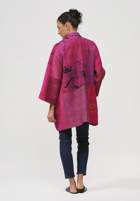 Mieko Mintz Silk Jacquard Kantha Jacket in Pink, Red & Purple	