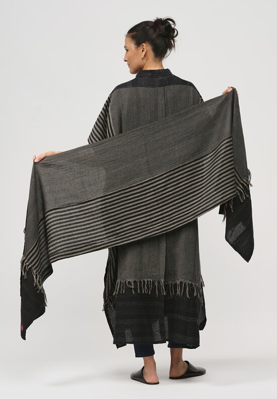 Mieko Mintz Cotton Handloom Kantha Scarf in Black & Grey	