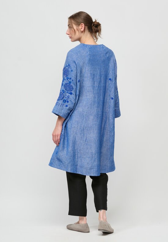 AODress Handloom Linen Sunflowers Embellished Cocoon Coat in Lapis Blue	