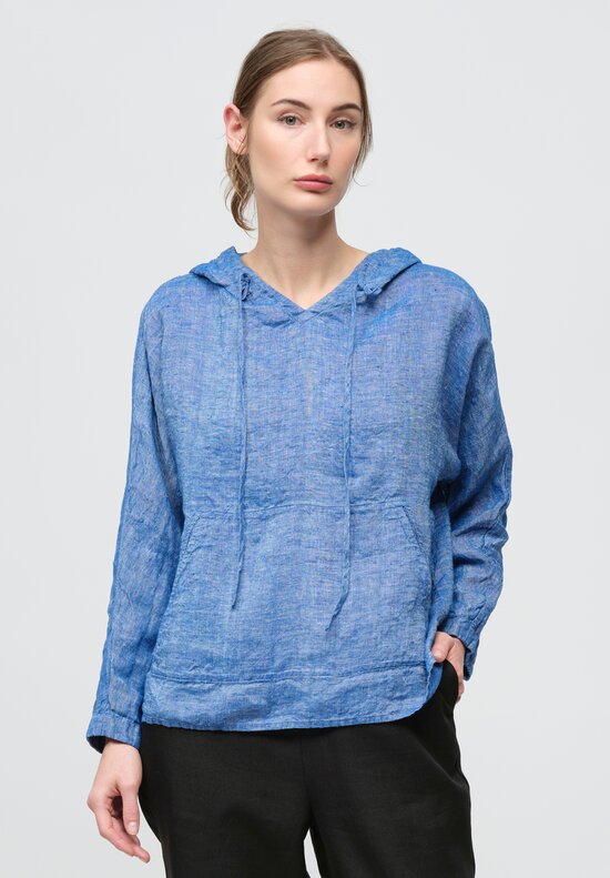 AODress Handloom Linen Hooded Shirt in Lapis Blue	