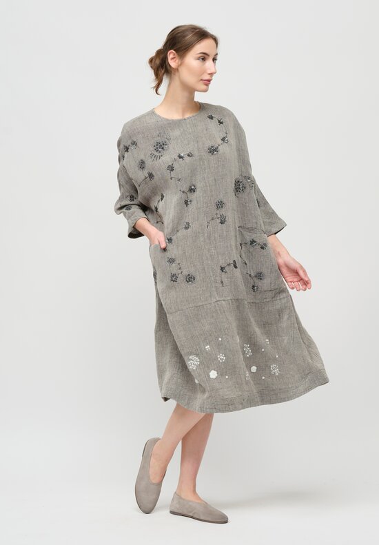 AODress Handloom Linen Royal Floral Embellished Dress in Natural Grey	
