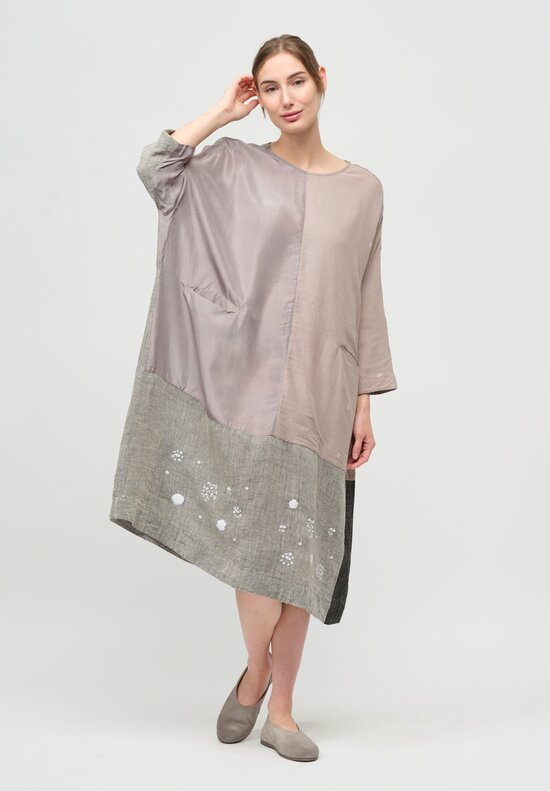 AODress Handloom Linen Patchwork Dress in Natural Grey	