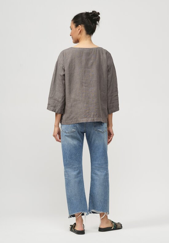 Armen Linen Overdyed Three-Quarter Sleeve Shirt in Smoke Grey