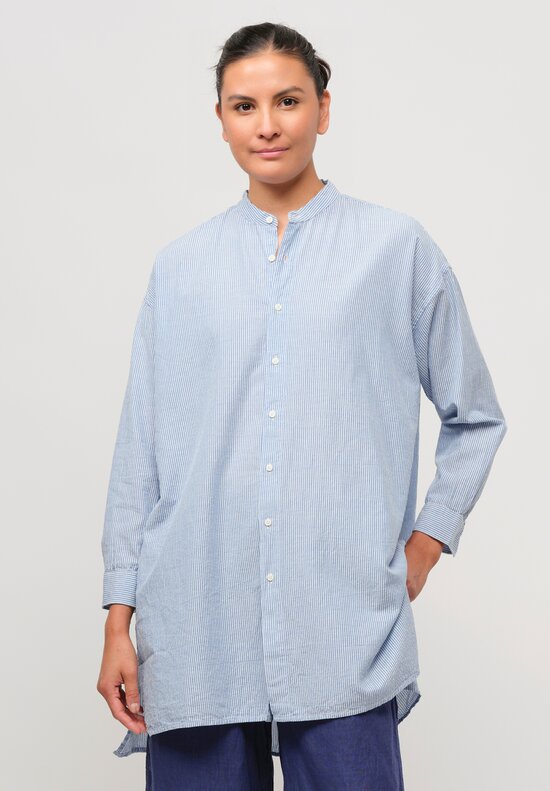 Armen Cotton Utility Banded Collar Long Shirt in Blue & White Stripe	