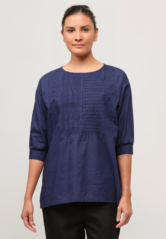 Maison De Soil Cotton Banded Collar Embroidered Shirt in Bright Navy	