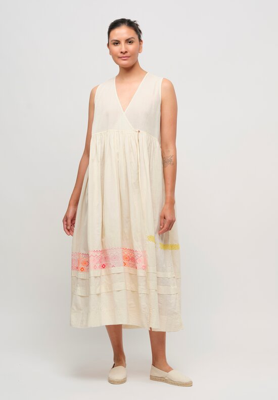 Injiri Cotton Embroidered Sleeveless Dress in Natural, Pink & Yellow