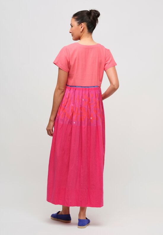 Injiri Cotton V Neck Gathered Shirt Dress in Bright Pink & Peach	