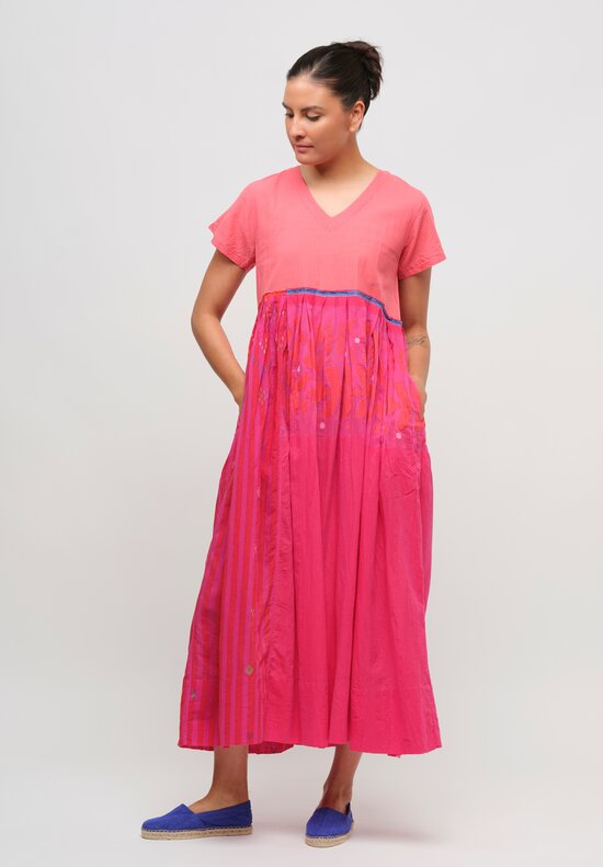 Injiri Cotton V Neck Gathered Shirt Dress in Bright Pink & Peach	