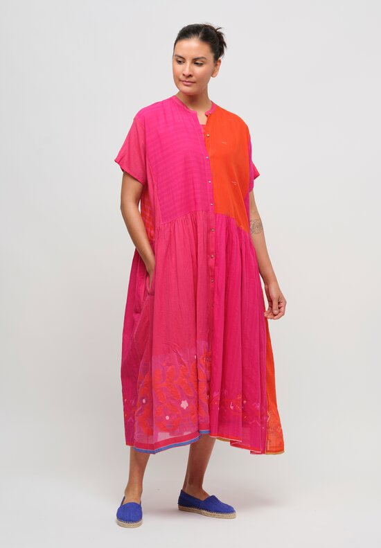 Injiri Cotton Gathered Shirt Dress in Bright Pink & Orange	