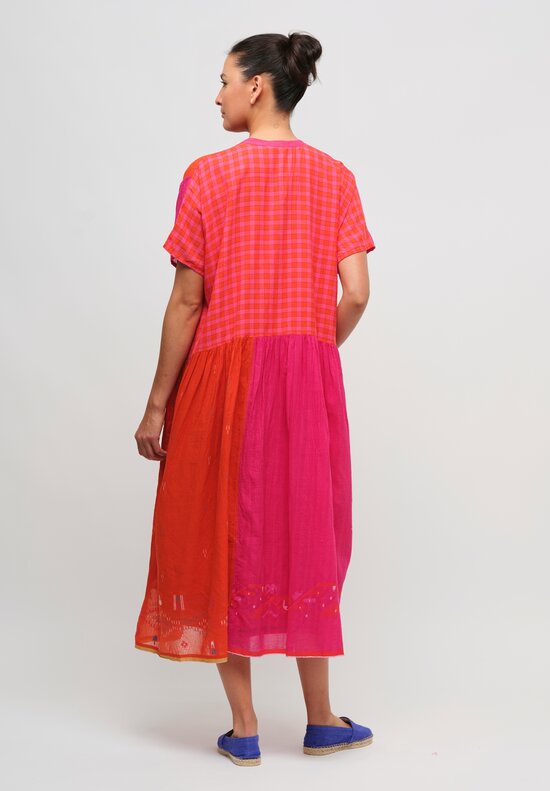 Injiri Cotton Gathered Shirt Dress in Bright Pink & Orange	