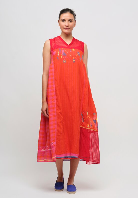 Injiri Cotton & Silk Sleeveless V Neck Dress in Orange & Red	