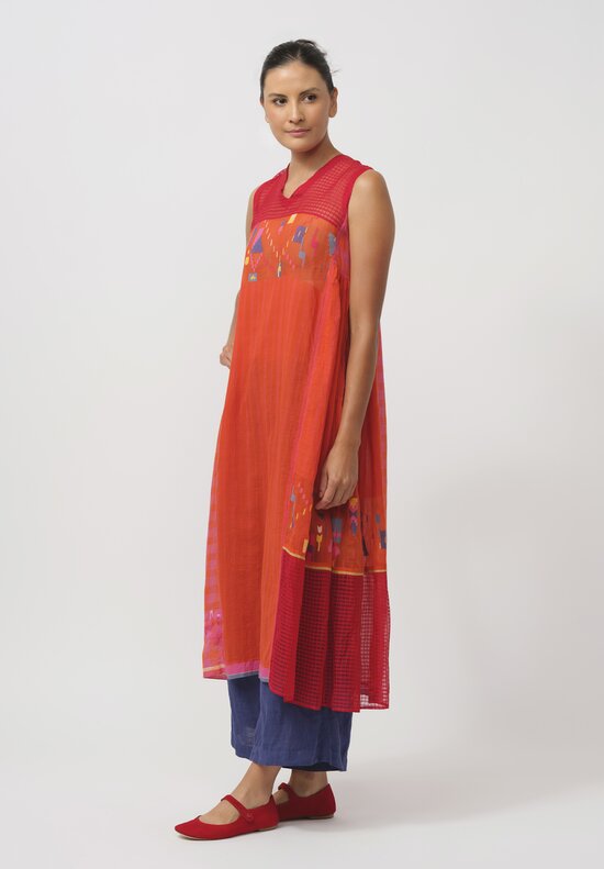 Injiri Cotton & Silk Sleeveless V Neck Dress in Orange & Red	