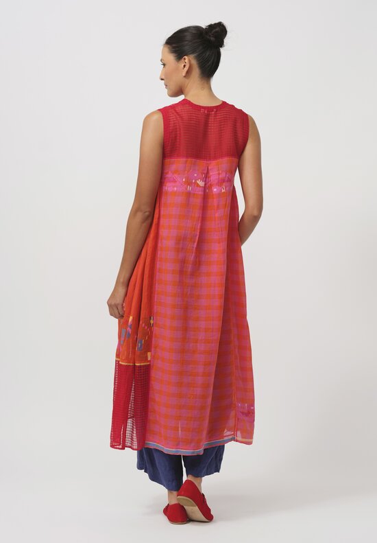 Injiri Cotton & Silk Sleeveless V Neck Dress in Orange & Red	