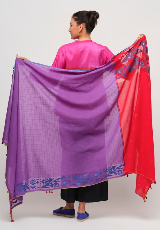 Injiri Cotton Rectangle Scarf with Tassels in Purple & Red	