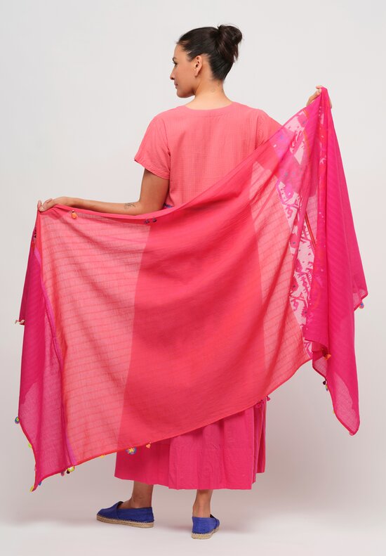 Injiri Cotton Rectangle Scarf with Tassels in Pink & Red	