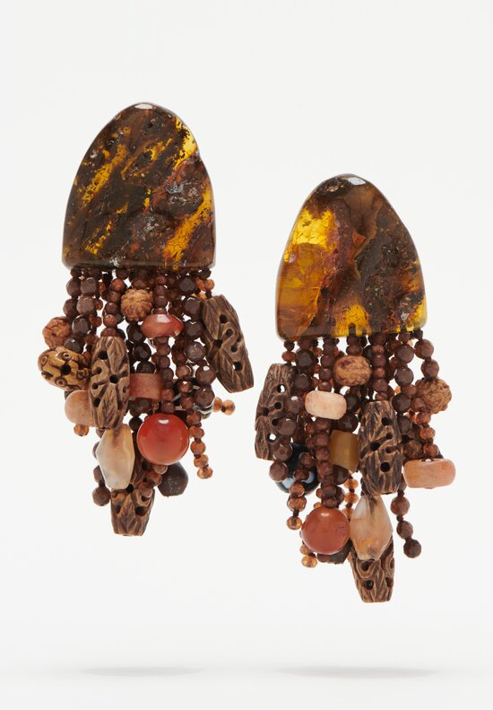 Monies Amber, Antique Bone, Rose Wood, Agate & Carneol Earrings	